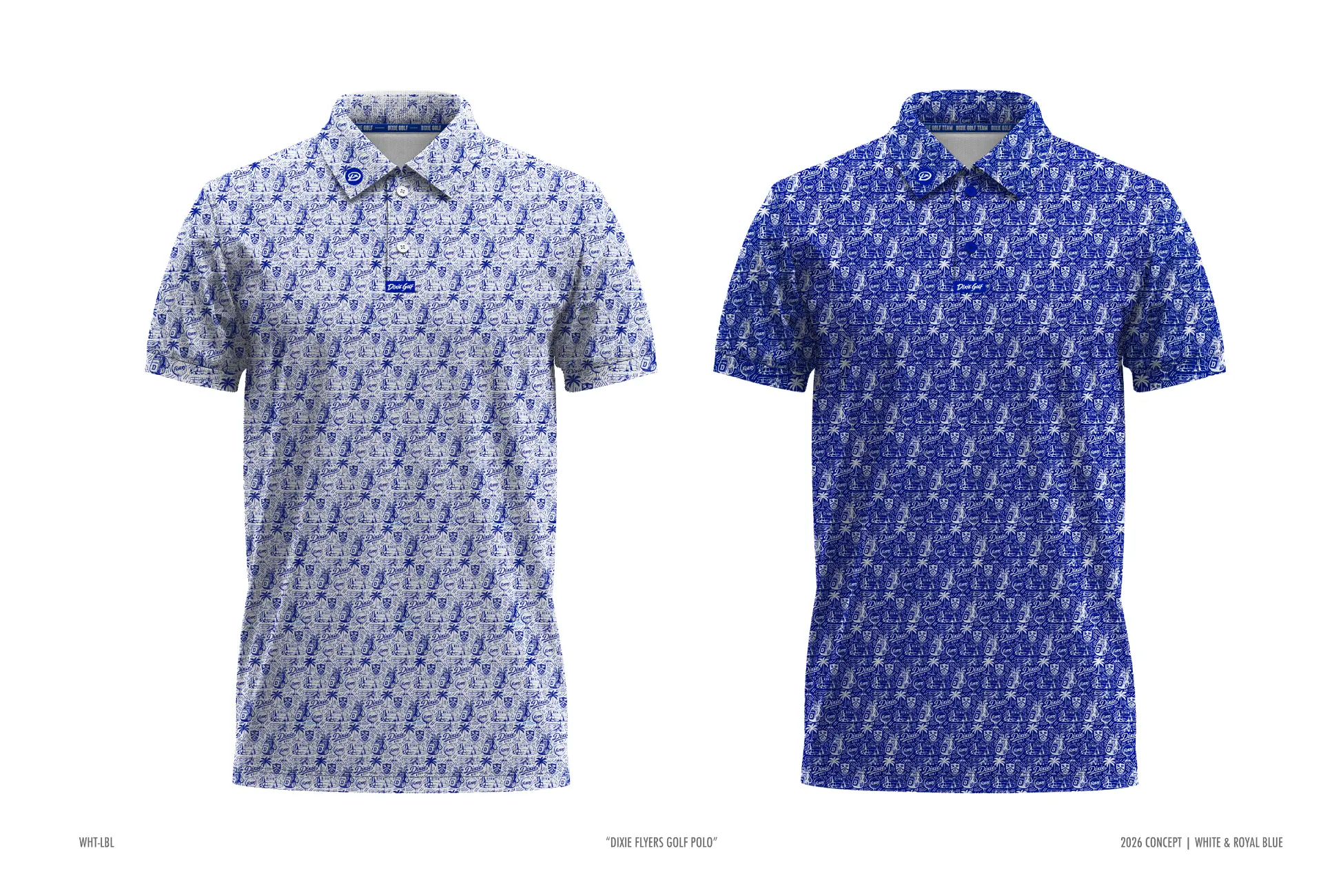 Dixie Flyers golf polo front and back in white and royal blue all-over print