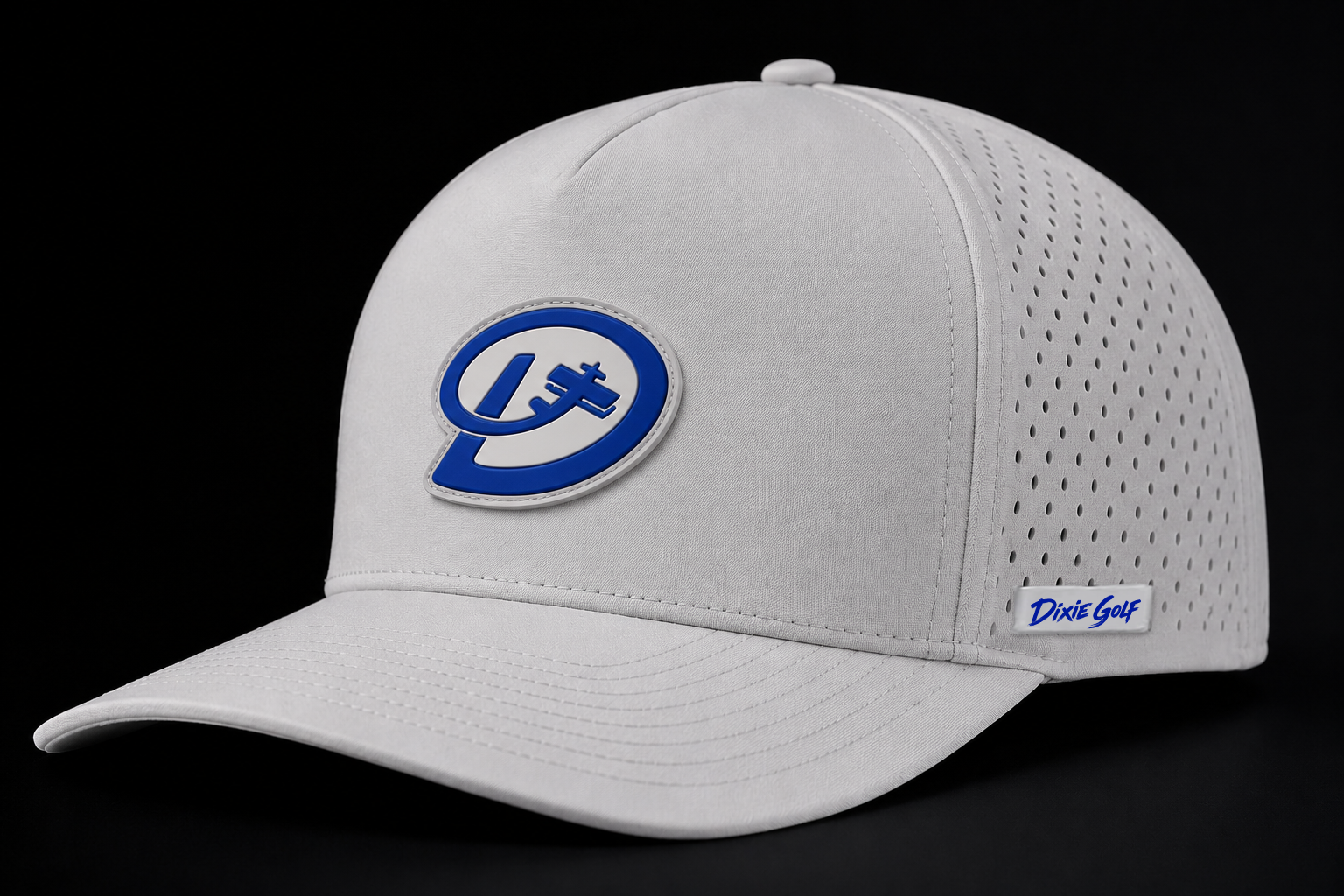 White performance cap with a raised rubber Dixie Golf patch